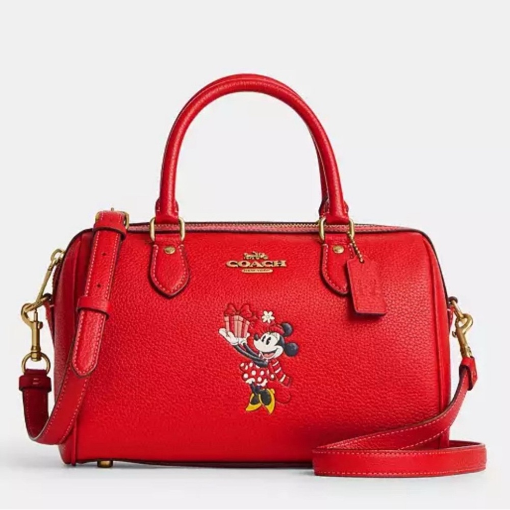 NWT COACH CM862 Disney X Coach Rowan Satchel With Minnie Mouse Leather Red Multi